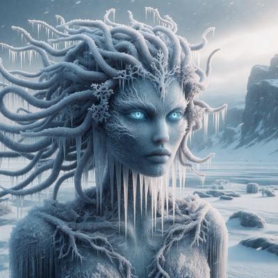 The primary subject of the image is a woman with a long, curly, frozen hair. She is wearing a blue dress and has a blue-eyed, glowing appearance. The setting is a snowy environment, with a mountain in the background. The visual style is a digital art, illustration, or drawing, creating a unique and captivating scene. The colors and mood of the image are predominantly cold and icy, with the woman's blue eyes and blue dress adding a touch of warm